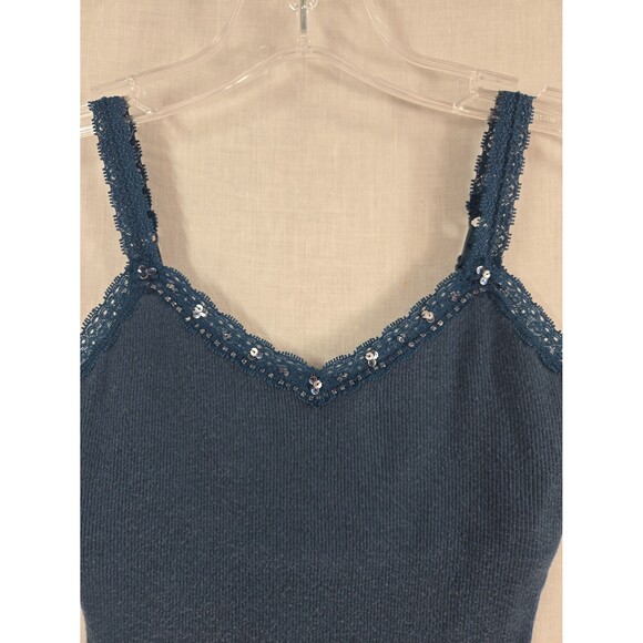 Y2K Aeropostale Cami Tank Top Shelf Bra Lace Trim Blue Ribbed Sz XS Embellished - Picture 3 of 8